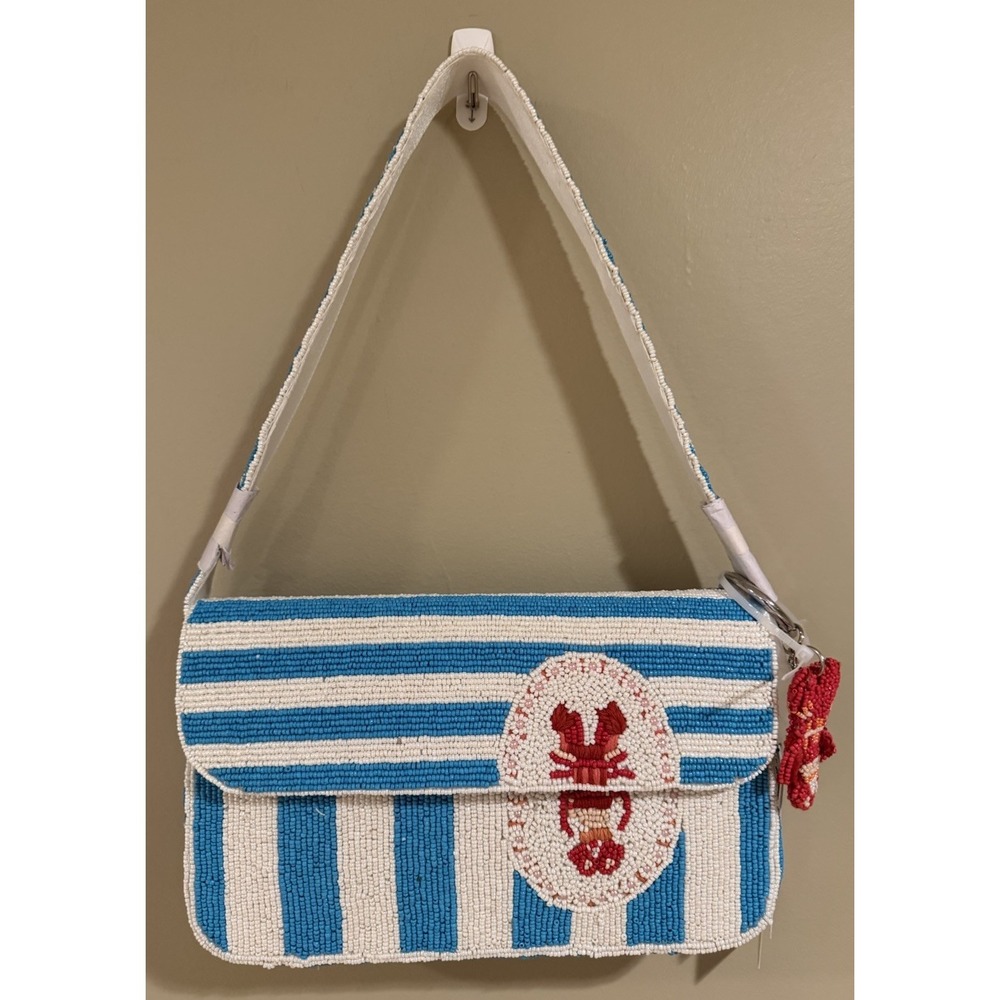 Handcrafted In India Beaded Lobster Stripe Bag Blue White Coastal Purse NWT‎